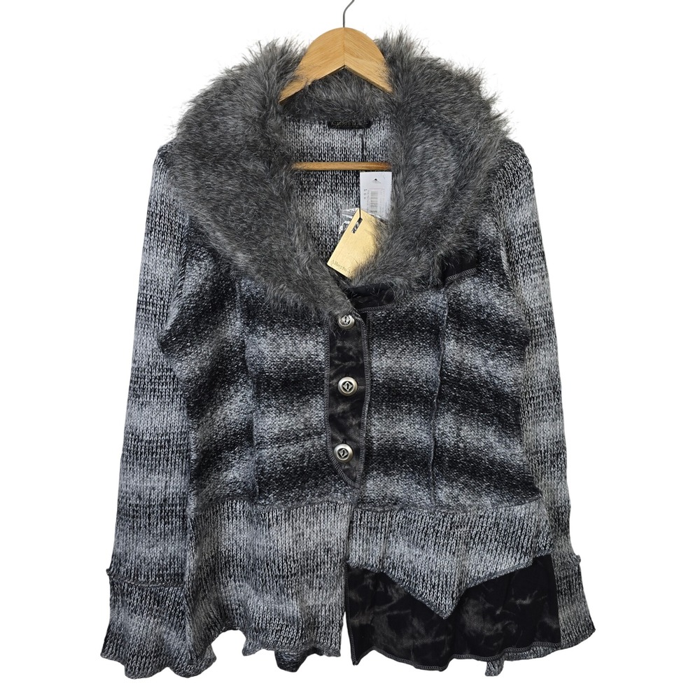 Alberto Makali New Gray Faux Fur Collar Striped Knit Cardigan Sweater XL